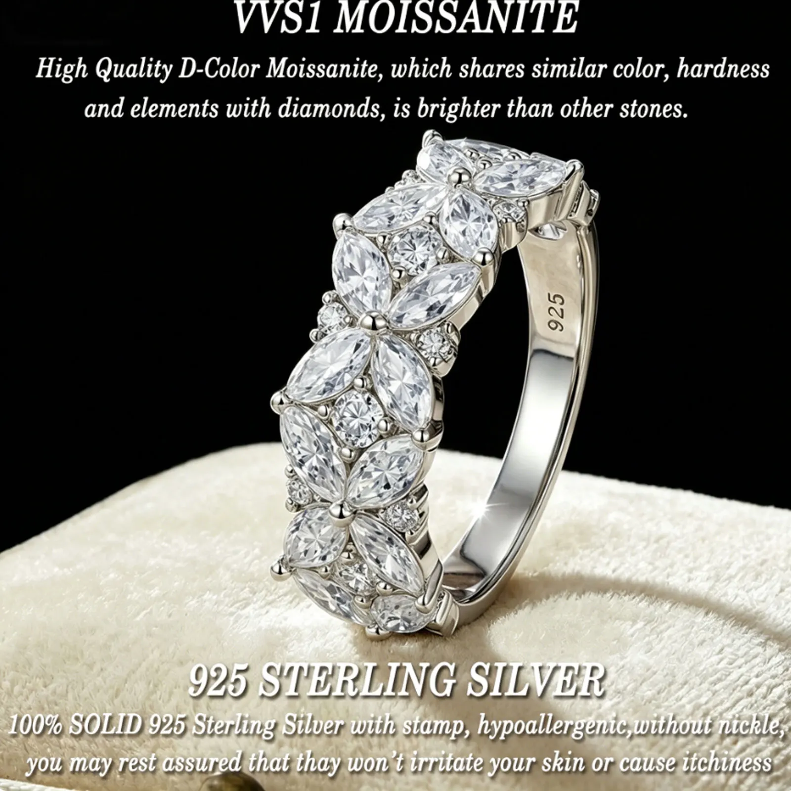 Newshe 925 Sterling Silver Moissanite Rings D VVS1 Marquise Cut Full Paved Flower Eternity Wedding Engagement Ring for Women