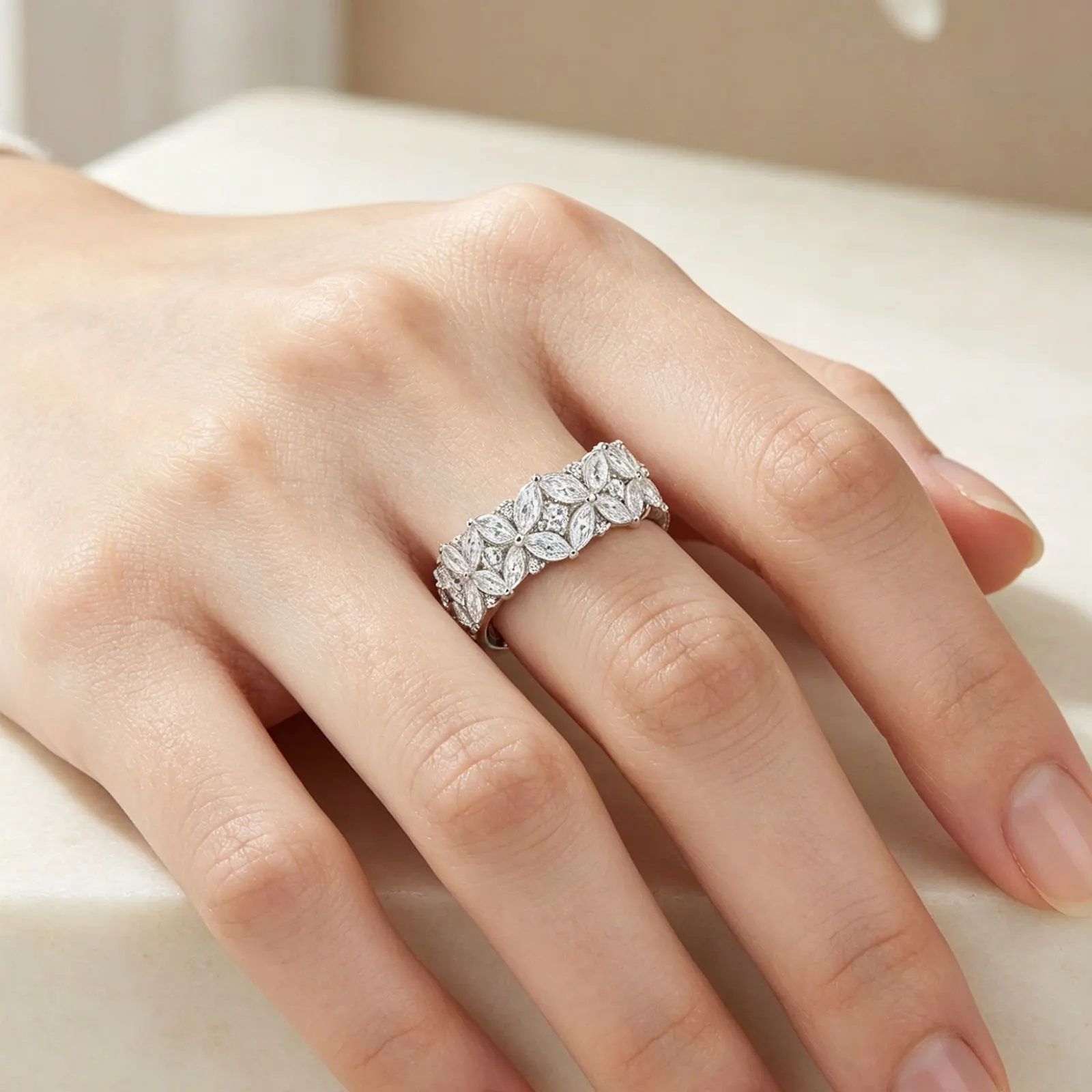 Newshe 925 Sterling Silver Moissanite Rings D VVS1 Marquise Cut Full Paved Flower Eternity Wedding Engagement Ring for Women