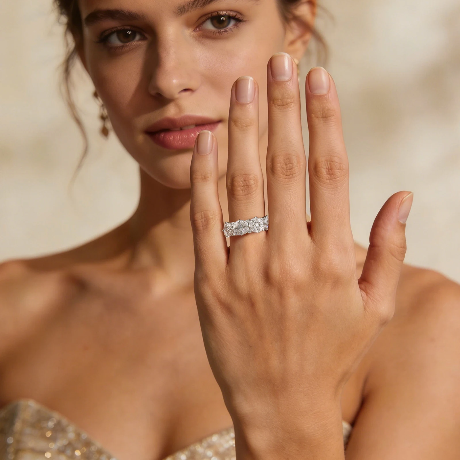 Newshe 925 Sterling Silver Moissanite Rings D VVS1 Marquise Cut Full Paved Flower Eternity Wedding Engagement Ring for Women