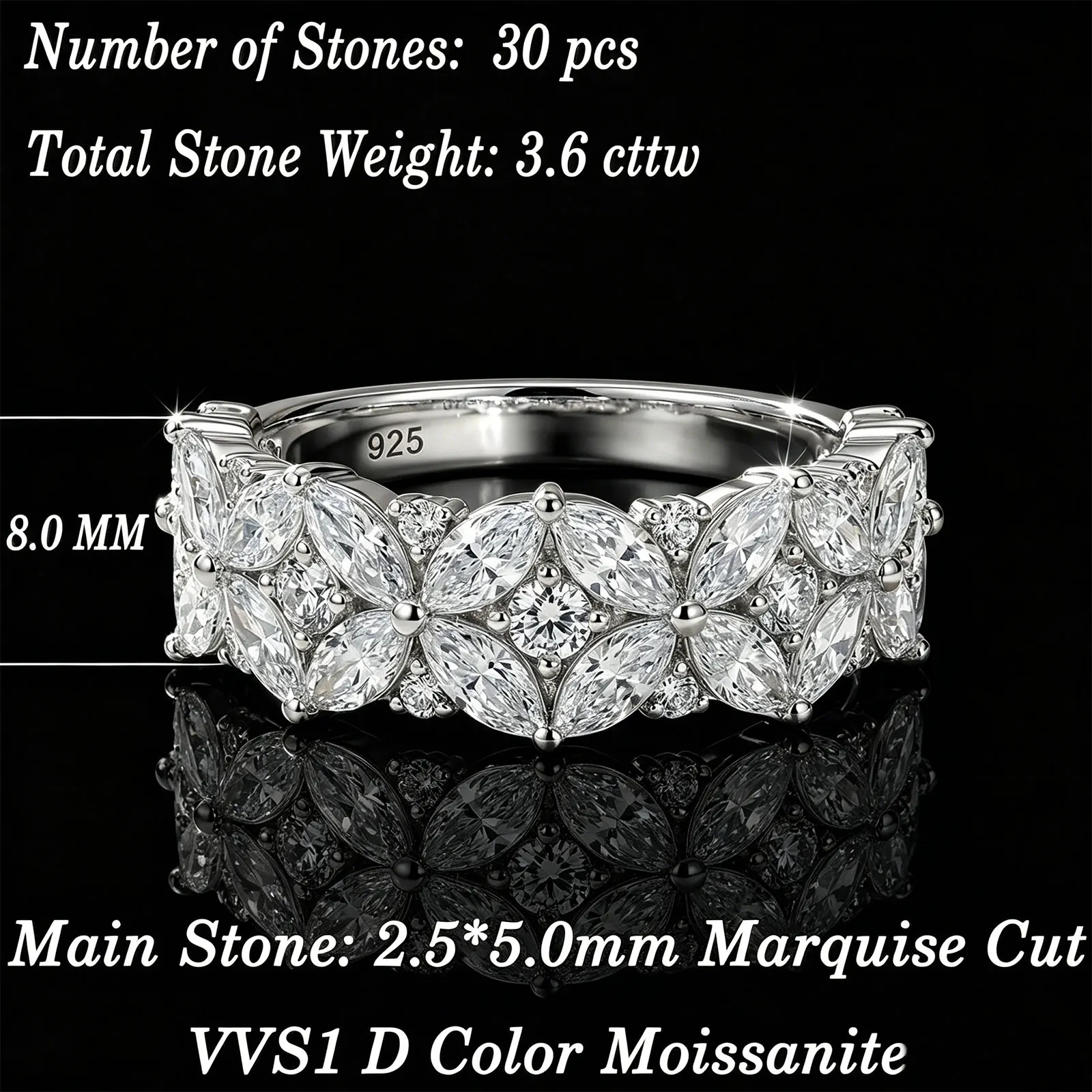Newshe 925 Sterling Silver Moissanite Rings D VVS1 Marquise Cut Full Paved Flower Eternity Wedding Engagement Ring for Women