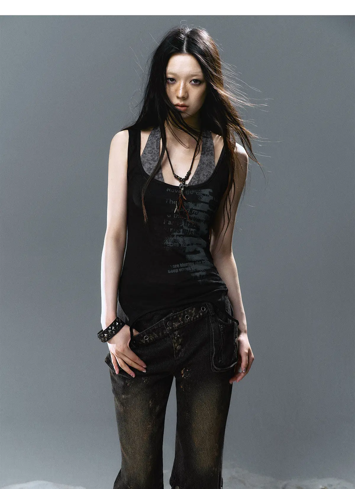 Karrcat Grunge Aesthetics Fake Two-piece Tank Top Trashy Y2k Lace Patchwork Camis Tops Vintage Gothic Black Sleeveless Top Punk