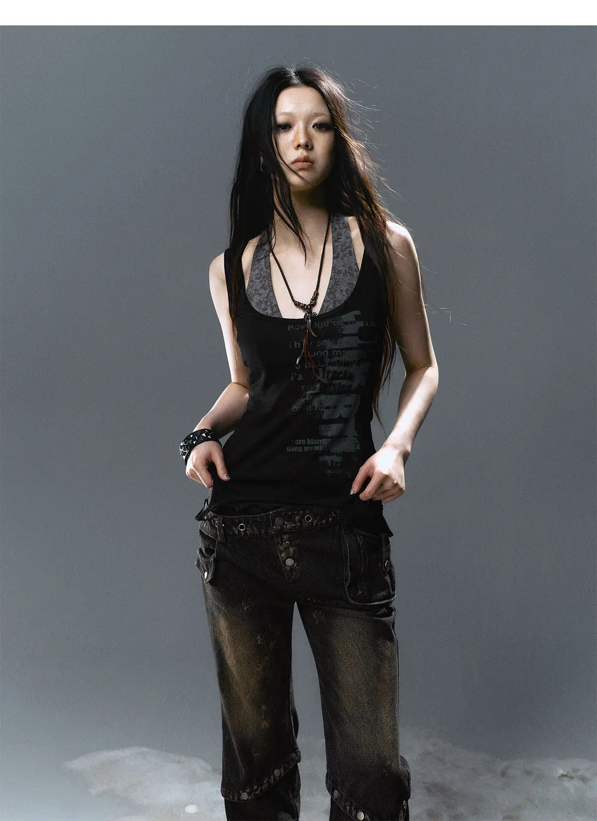 Karrcat Grunge Aesthetics Fake Two-piece Tank Top Trashy Y2k Lace Patchwork Camis Tops Vintage Gothic Black Sleeveless Top Punk