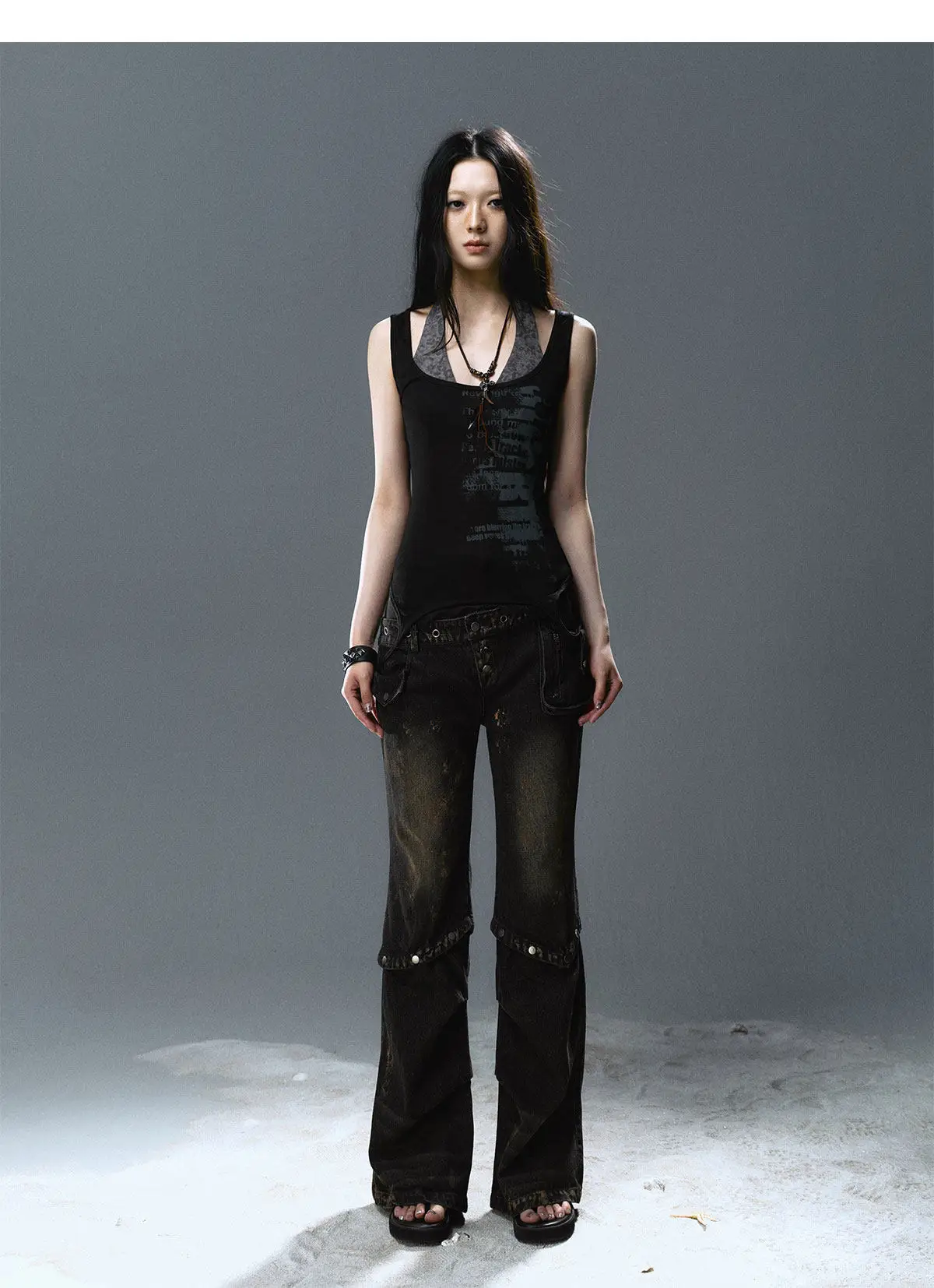 Karrcat Grunge Aesthetics Fake Two-piece Tank Top Trashy Y2k Lace Patchwork Camis Tops Vintage Gothic Black Sleeveless Top Punk