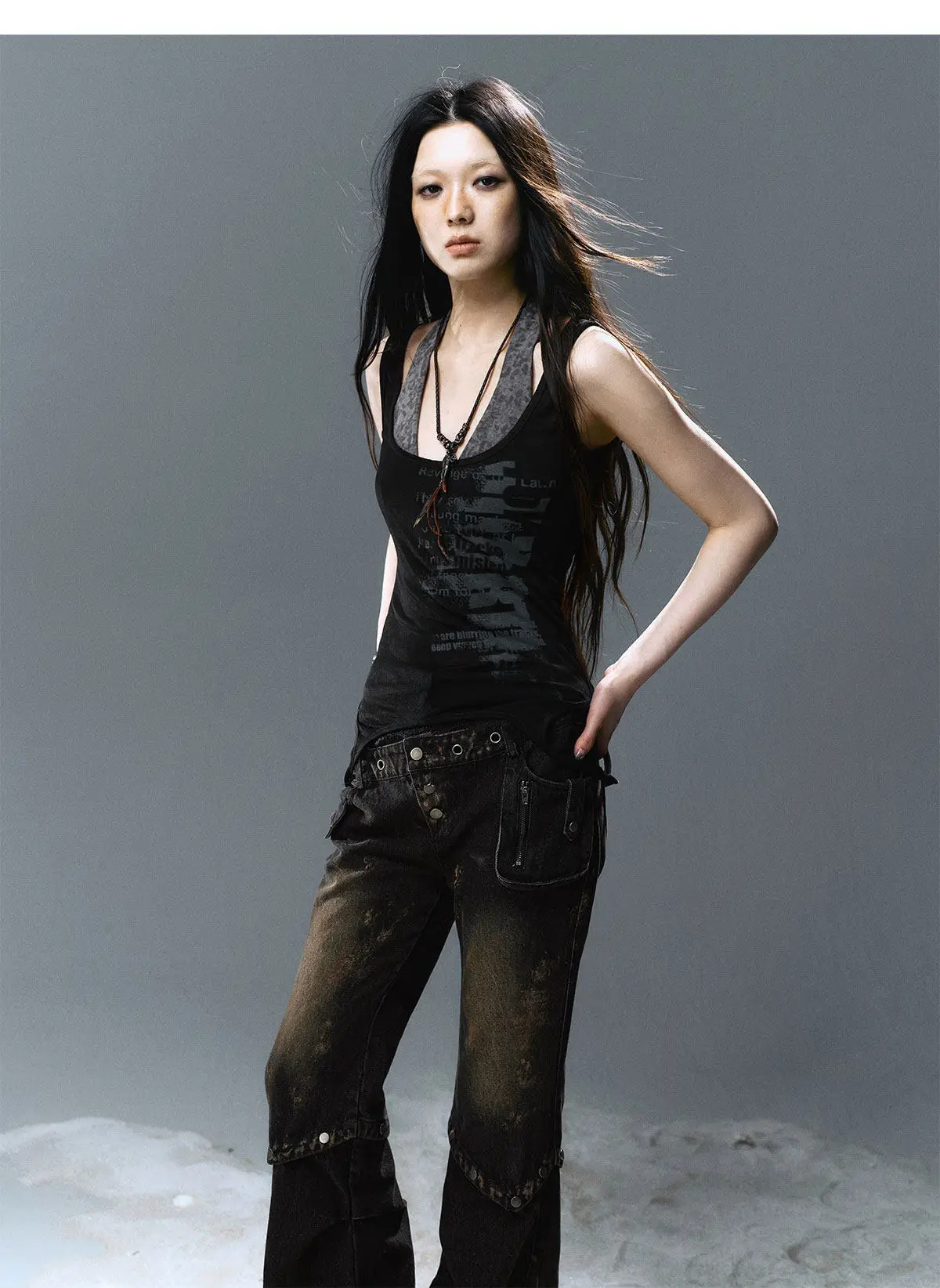 Karrcat Grunge Aesthetics Fake Two-piece Tank Top Trashy Y2k Lace Patchwork Camis Tops Vintage Gothic Black Sleeveless Top Punk