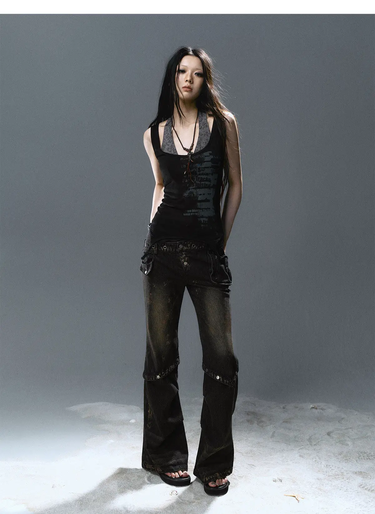 Karrcat Grunge Aesthetics Fake Two-piece Tank Top Trashy Y2k Lace Patchwork Camis Tops Vintage Gothic Black Sleeveless Top Punk