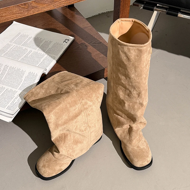 Suede Fold Women Knee High Western Cowboy Boots Fashion Double Buckle Decor Slip On Long Booties Autumn Winter Women's Shoes