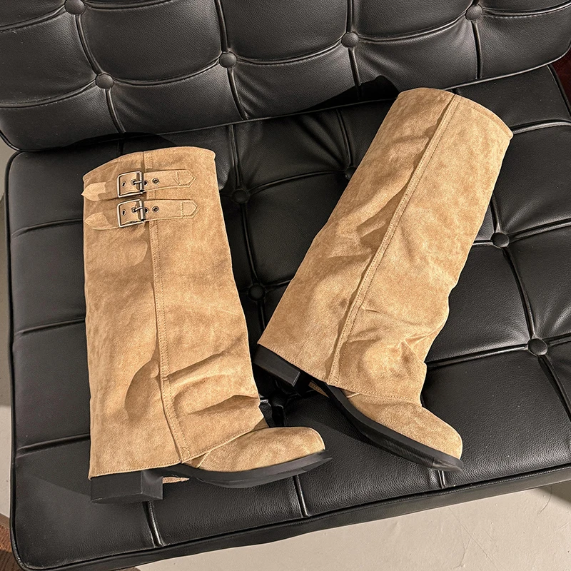 Suede Fold Women Knee High Western Cowboy Boots Fashion Double Buckle Decor Slip On Long Booties Autumn Winter Women's Shoes