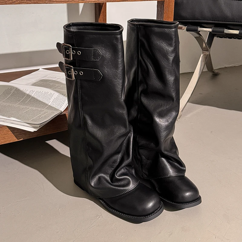 Suede Fold Women Knee High Western Cowboy Boots Fashion Double Buckle Decor Slip On Long Booties Autumn Winter Women's Shoes