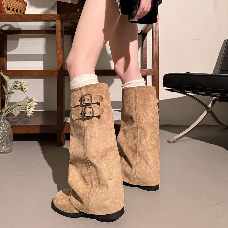 Suede Fold Women Knee High Western Cowboy Boots Fashion Double Buckle Decor Slip On Long Booties Autumn Winter Women's Shoes