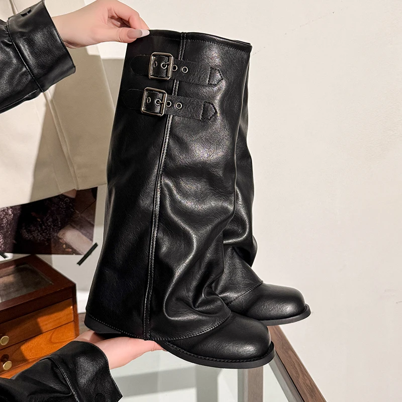Suede Fold Women Knee High Western Cowboy Boots Fashion Double Buckle Decor Slip On Long Booties Autumn Winter Women's Shoes