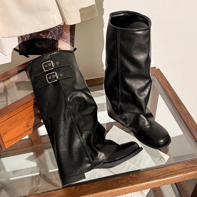 Suede Fold Women Knee High Western Cowboy Boots Fashion Double Buckle Decor Slip On Long Booties Autumn Winter Women's Shoes