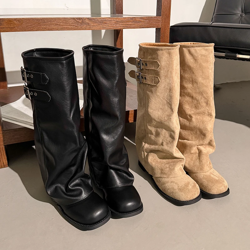 Suede Fold Women Knee High Western Cowboy Boots Fashion Double Buckle Decor Slip On Long Booties Autumn Winter Women's Shoes