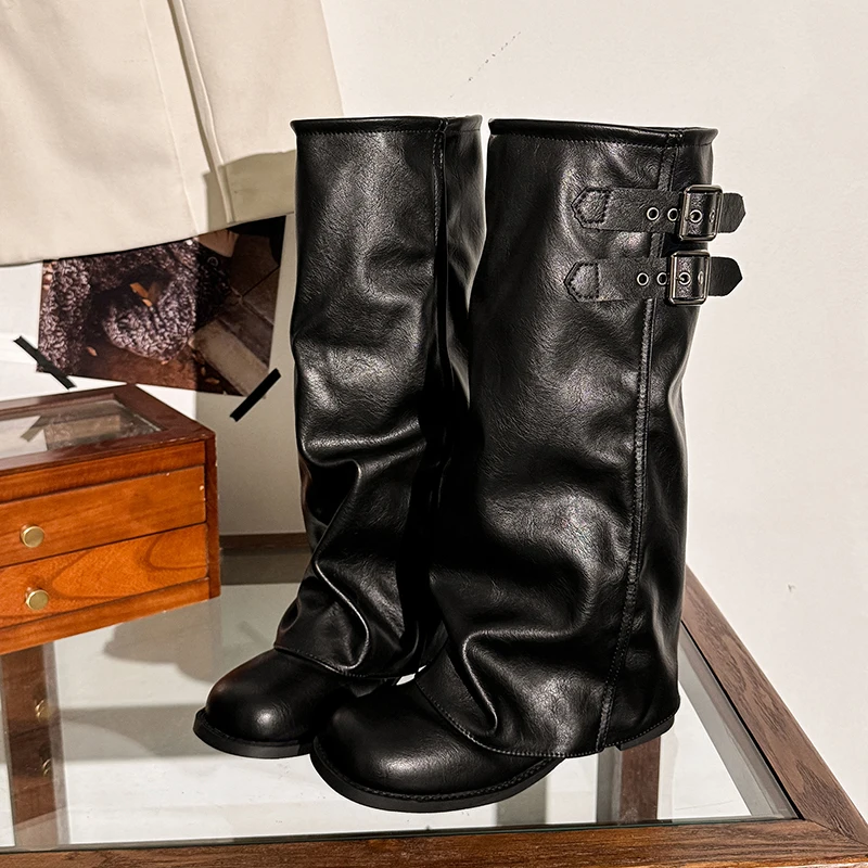 Suede Fold Women Knee High Western Cowboy Boots Fashion Double Buckle Decor Slip On Long Booties Autumn Winter Women's Shoes