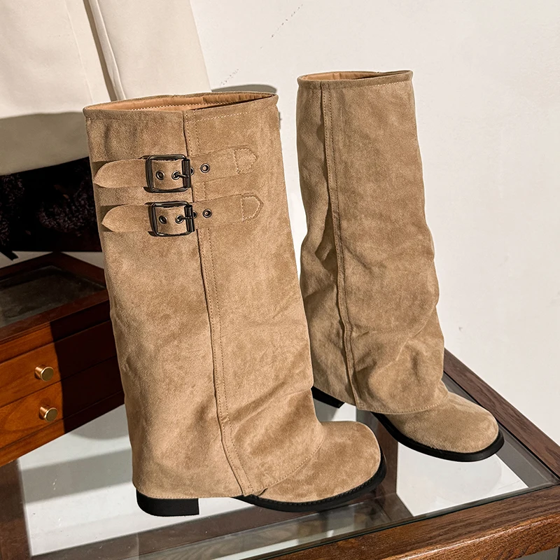 Suede Fold Women Knee High Western Cowboy Boots Fashion Double Buckle Decor Slip On Long Booties Autumn Winter Women's Shoes