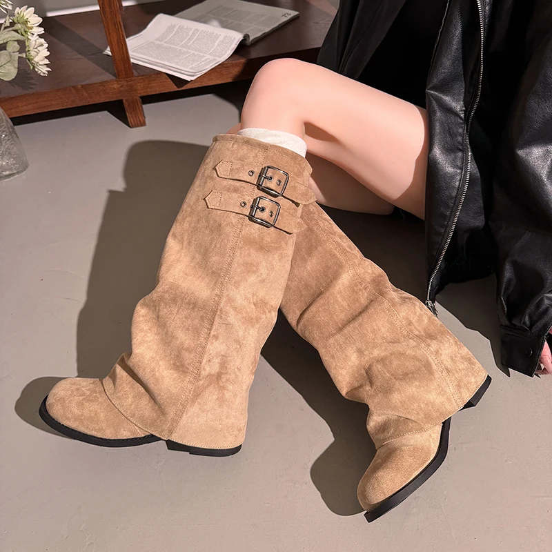 Suede Fold Women Knee High Western Cowboy Boots Fashion Double Buckle Decor Slip On Long Booties Autumn Winter Women's Shoes