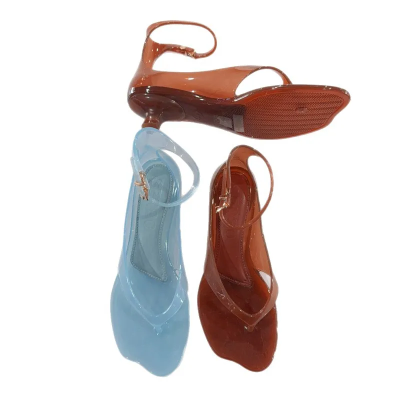 Summer Women's Low Heel Herringbone Sandals Vacation Style Crystal Jelly Beach Shoes Fashion Comfortable Buckle Flip Flops Shoe