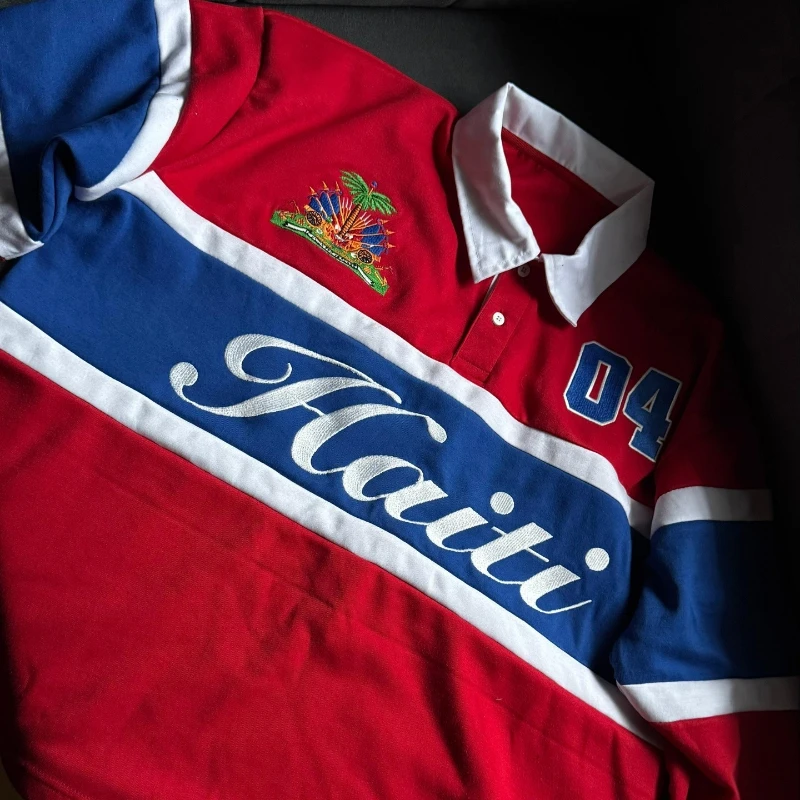 Mens Polo Shirt Harajuku Y2K Streetwear Striped Contrast Rugby Polo Long Sleeve Haiti Embroidery Loose Fit Casual Unisex Fashion