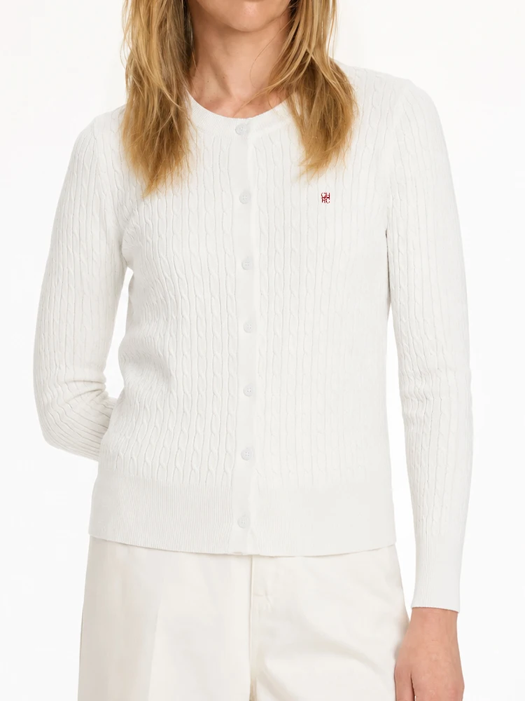 CH Embroidered Cable Knit Cardigan Women Slim Fit Crew Neck Button Front Premium Cotton Casual Daily Tops