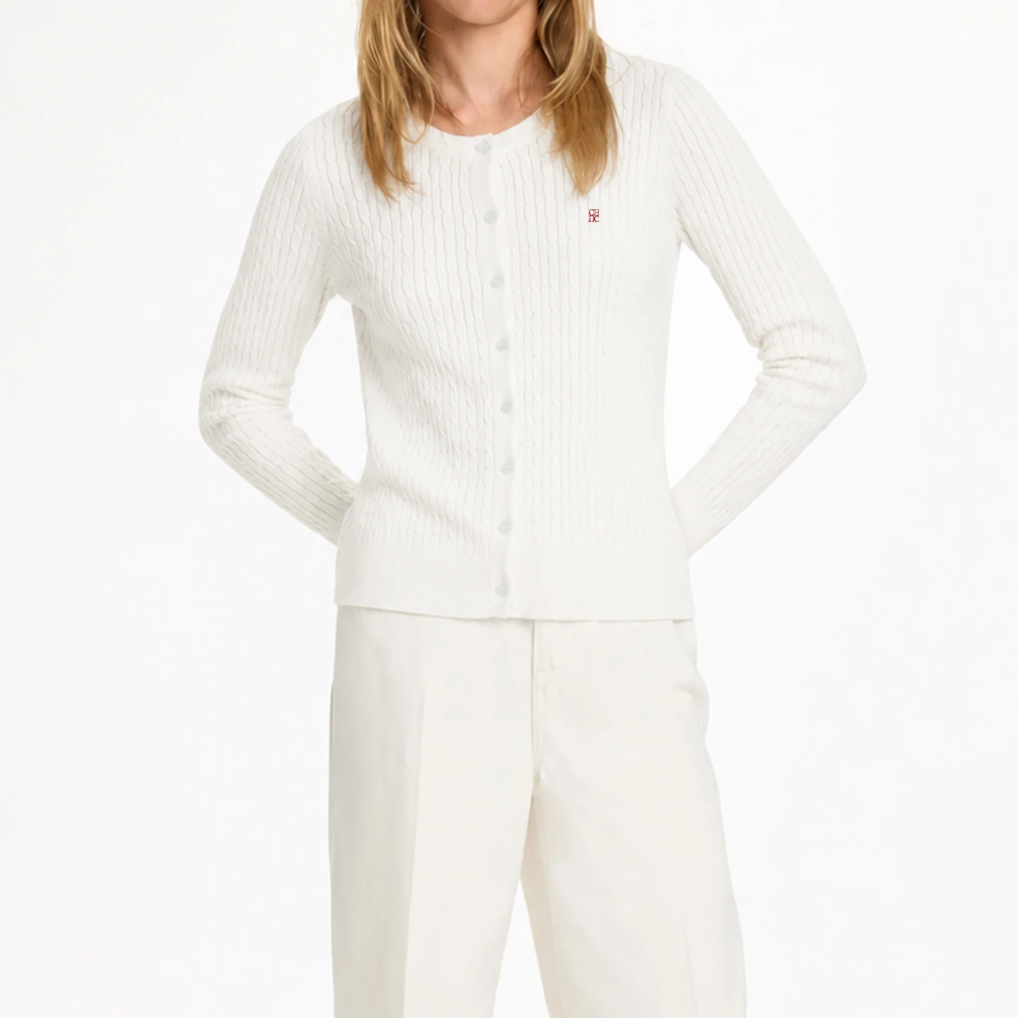 CH Embroidered Cable Knit Cardigan Women Slim Fit Crew Neck Button Front Premium Cotton Casual Daily Tops