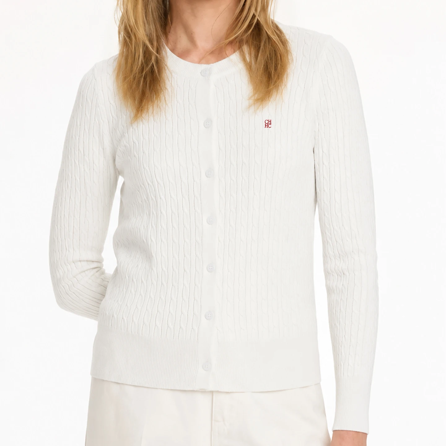 CH Embroidered Cable Knit Cardigan Women Slim Fit Crew Neck Button Front Premium Cotton Casual Daily Tops