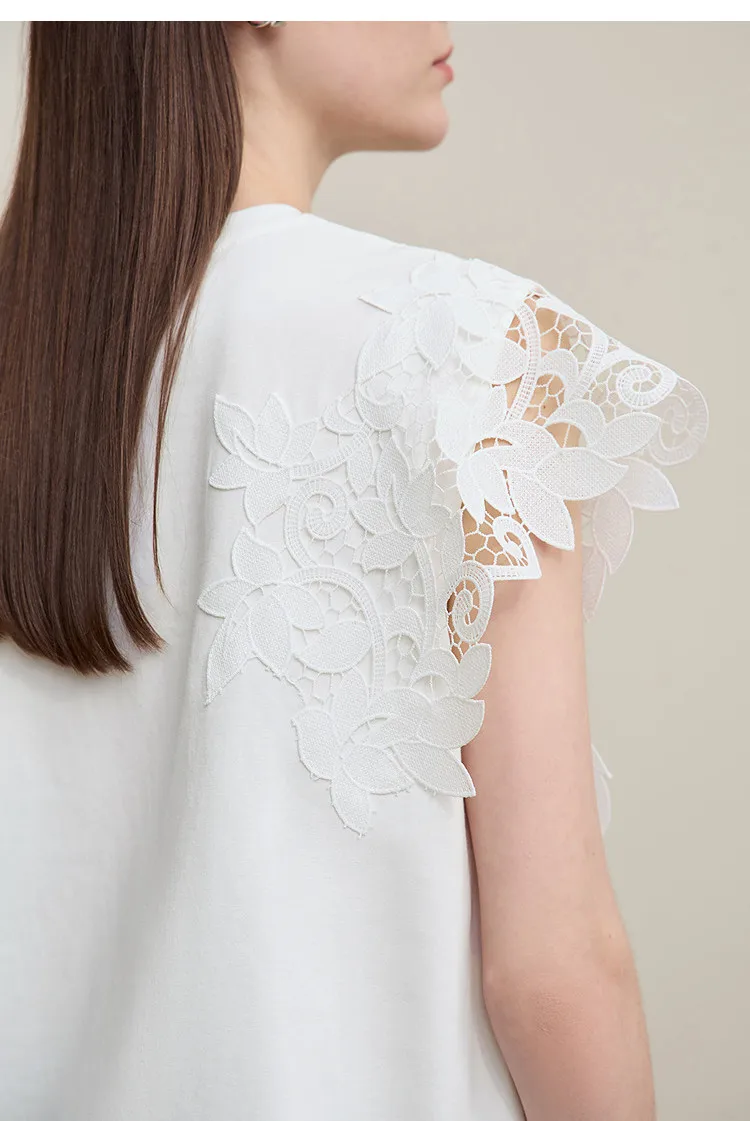 Amii T-shirt 2026 Summer New O-Neck Moisture-Wicking Cotton Tee Asymmetric Lace Loose Short Sleeve T-shirts For Women 12642026