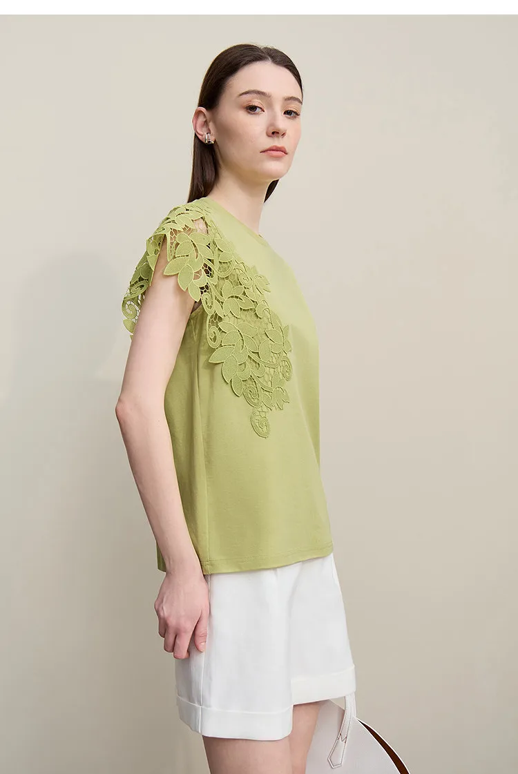 Amii T-shirt 2026 Summer New O-Neck Moisture-Wicking Cotton Tee Asymmetric Lace Loose Short Sleeve T-shirts For Women 12642026