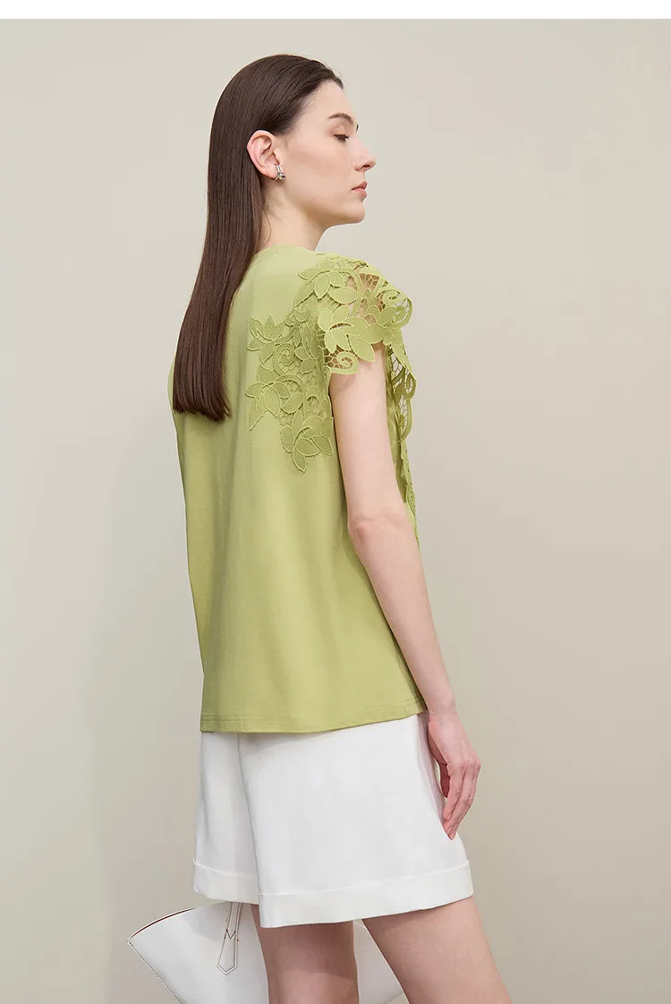 Amii T-shirt 2026 Summer New O-Neck Moisture-Wicking Cotton Tee Asymmetric Lace Loose Short Sleeve T-shirts For Women 12642026