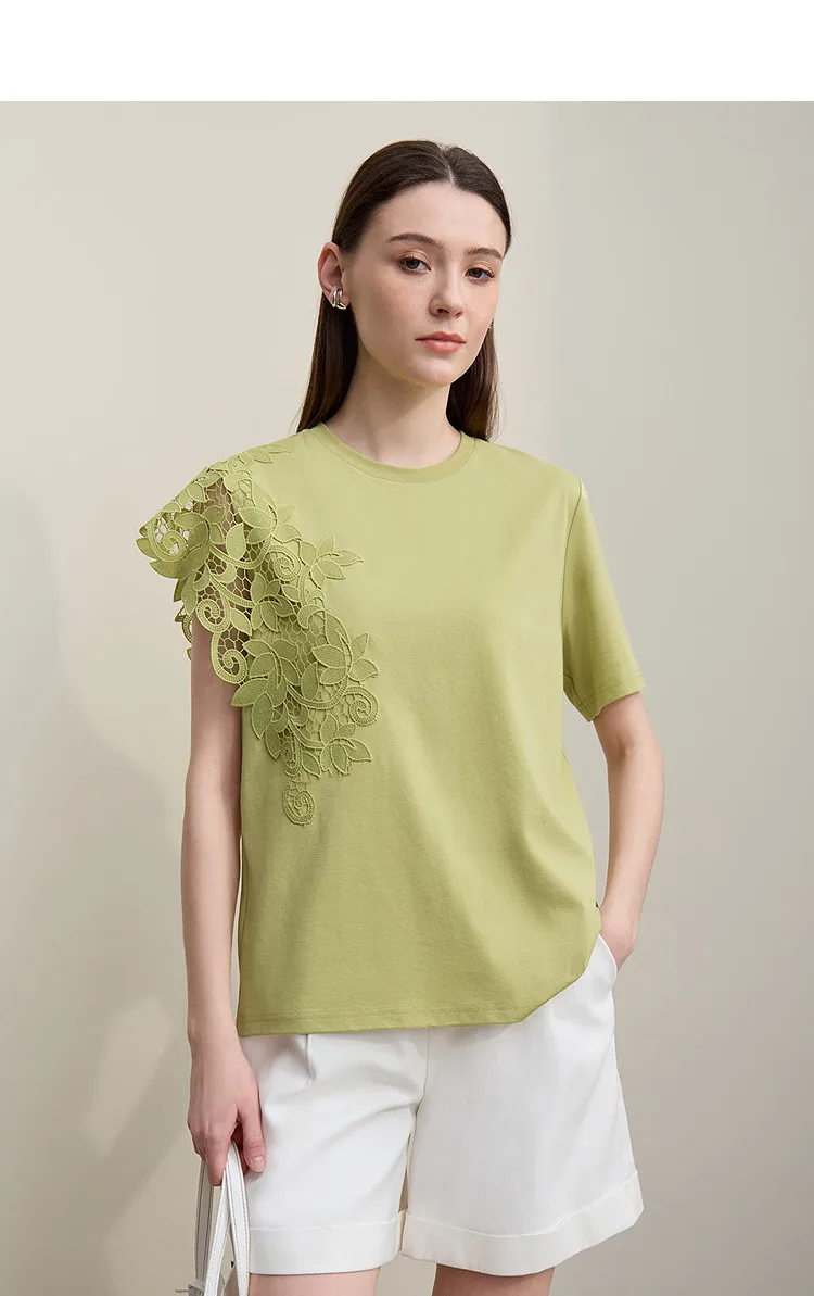 Amii T-shirt 2026 Summer New O-Neck Moisture-Wicking Cotton Tee Asymmetric Lace Loose Short Sleeve T-shirts For Women 12642026
