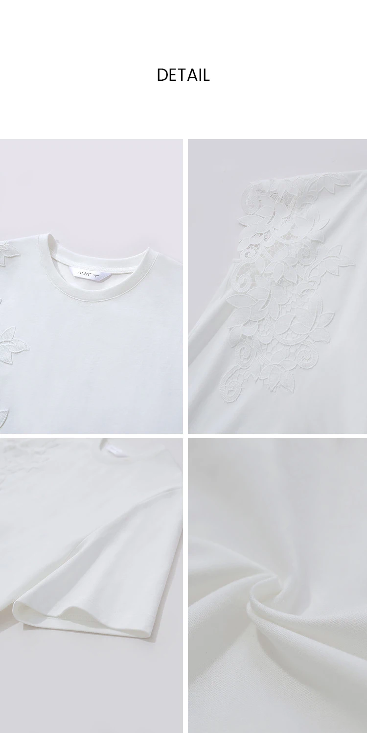 Amii T-shirt 2026 Summer New O-Neck Moisture-Wicking Cotton Tee Asymmetric Lace Loose Short Sleeve T-shirts For Women 12642026