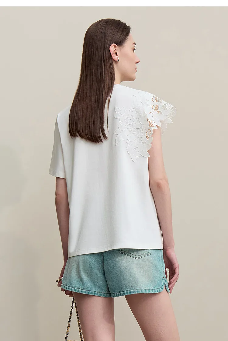 Amii T-shirt 2026 Summer New O-Neck Moisture-Wicking Cotton Tee Asymmetric Lace Loose Short Sleeve T-shirts For Women 12642026