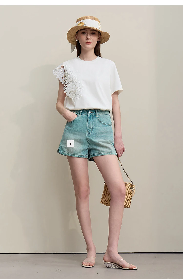 Amii T-shirt 2026 Summer New O-Neck Moisture-Wicking Cotton Tee Asymmetric Lace Loose Short Sleeve T-shirts For Women 12642026