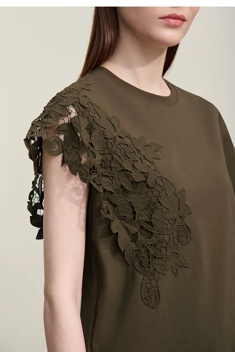 Amii T-shirt 2026 Summer New O-Neck Moisture-Wicking Cotton Tee Asymmetric Lace Loose Short Sleeve T-shirts For Women 12642026