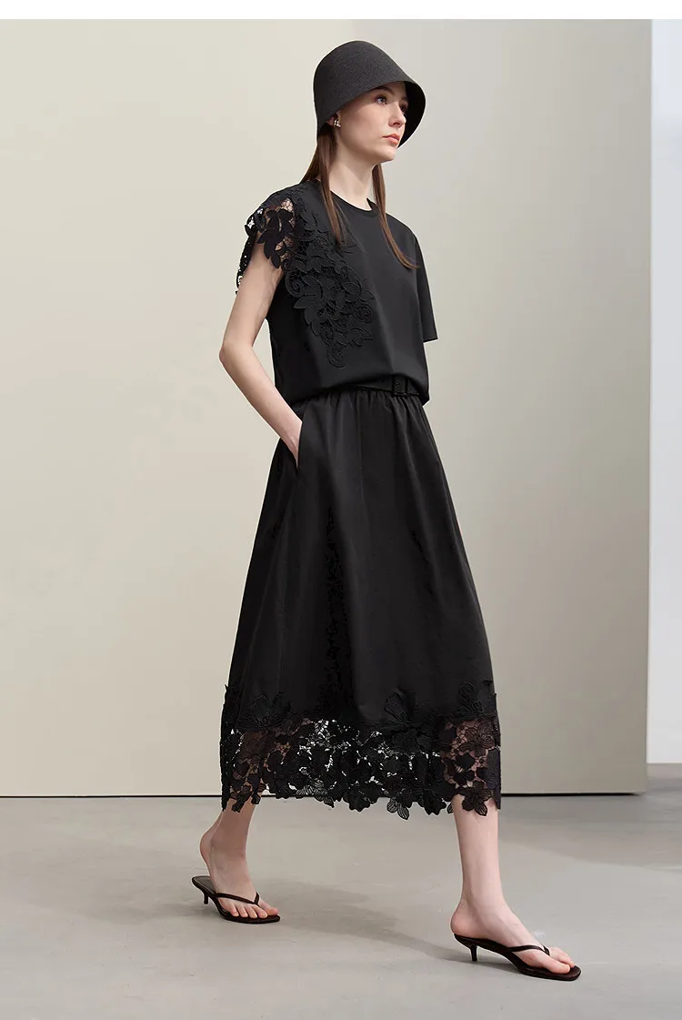 Amii T-shirt 2026 Summer New O-Neck Moisture-Wicking Cotton Tee Asymmetric Lace Loose Short Sleeve T-shirts For Women 12642026