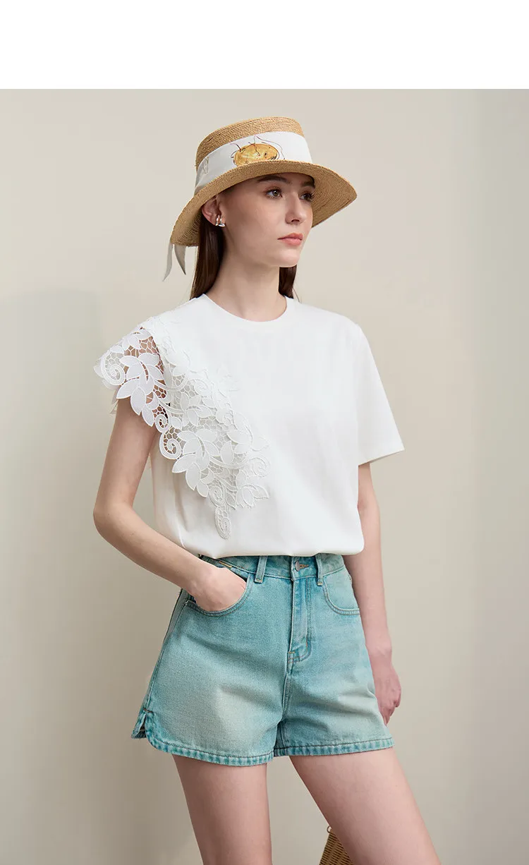 Amii T-shirt 2026 Summer New O-Neck Moisture-Wicking Cotton Tee Asymmetric Lace Loose Short Sleeve T-shirts For Women 12642026