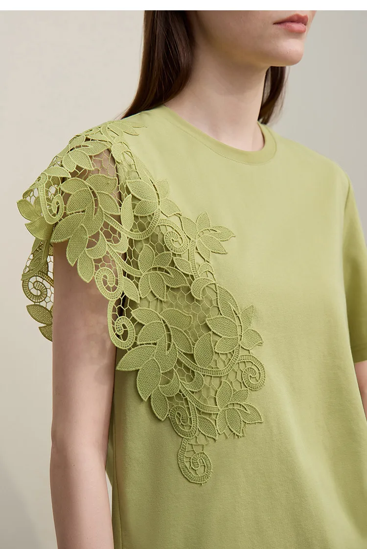 Amii T-shirt 2026 Summer New O-Neck Moisture-Wicking Cotton Tee Asymmetric Lace Loose Short Sleeve T-shirts For Women 12642026