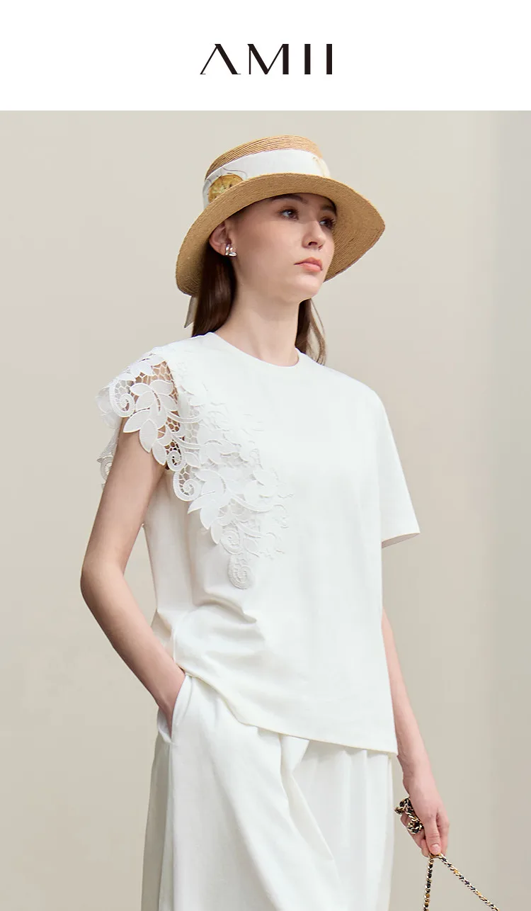 Amii T-shirt 2026 Summer New O-Neck Moisture-Wicking Cotton Tee Asymmetric Lace Loose Short Sleeve T-shirts For Women 12642026