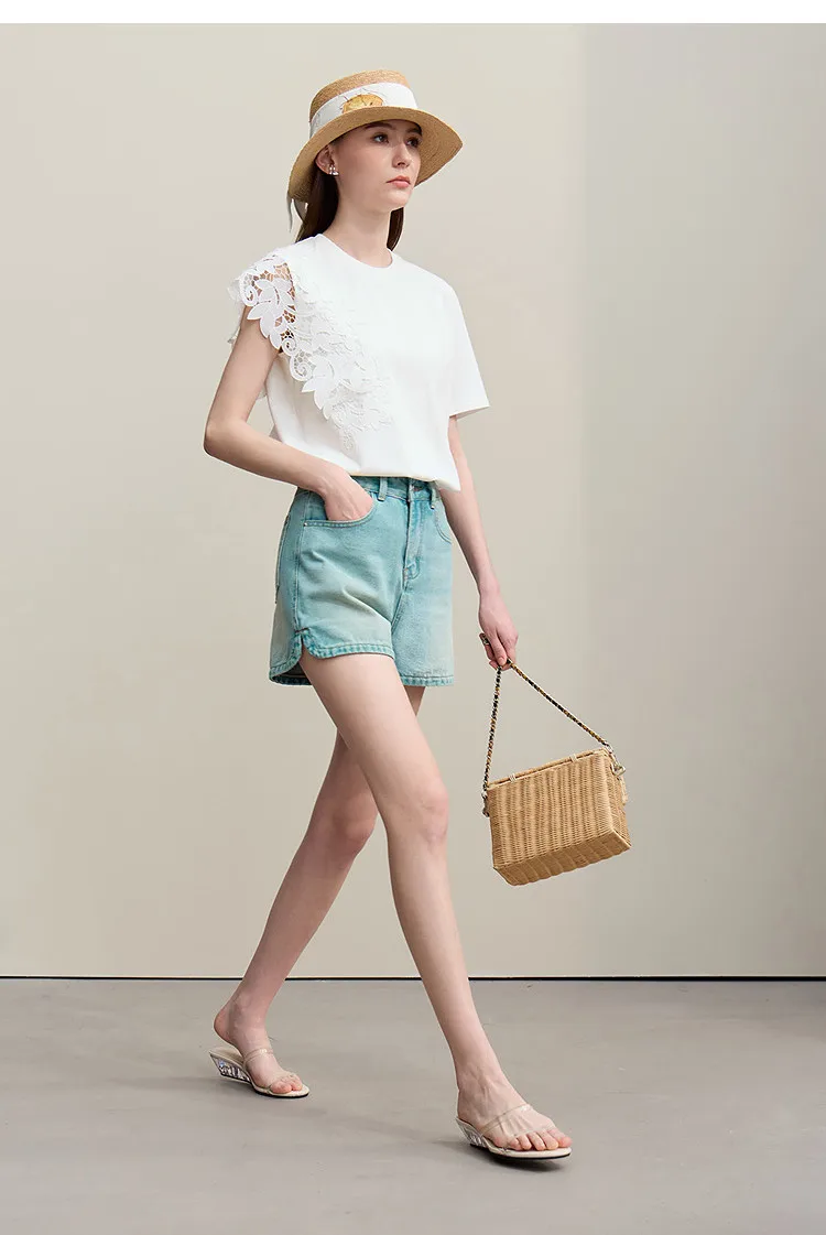 Amii T-shirt 2026 Summer New O-Neck Moisture-Wicking Cotton Tee Asymmetric Lace Loose Short Sleeve T-shirts For Women 12642026