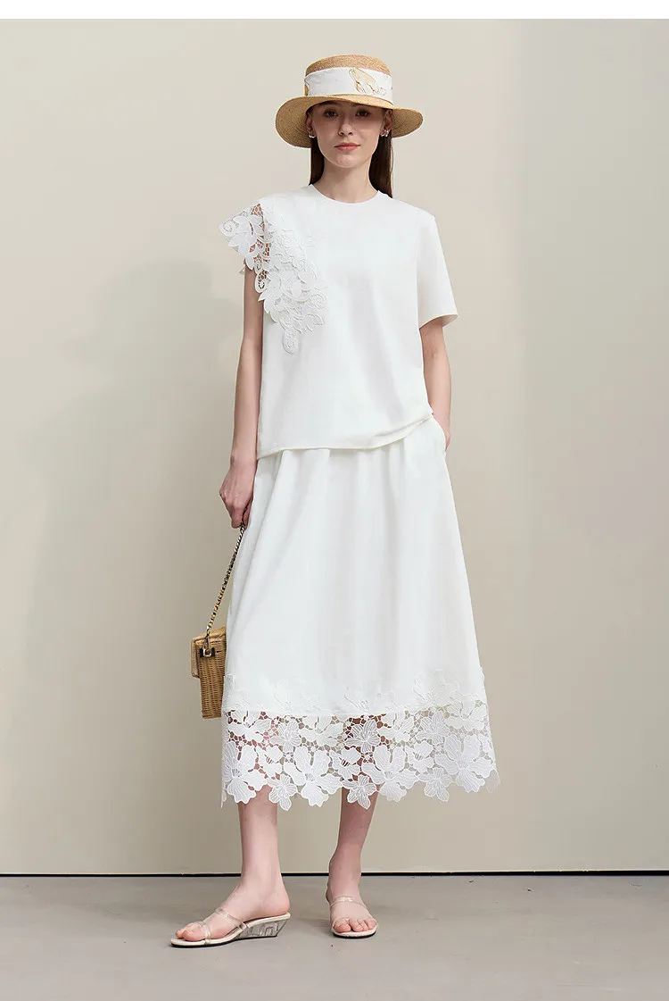 Amii T-shirt 2026 Summer New O-Neck Moisture-Wicking Cotton Tee Asymmetric Lace Loose Short Sleeve T-shirts For Women 12642026