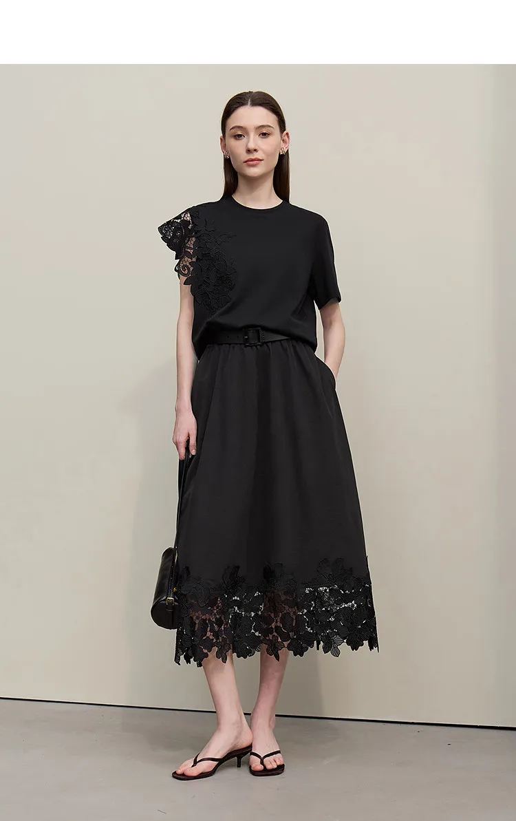 Amii T-shirt 2026 Summer New O-Neck Moisture-Wicking Cotton Tee Asymmetric Lace Loose Short Sleeve T-shirts For Women 12642026