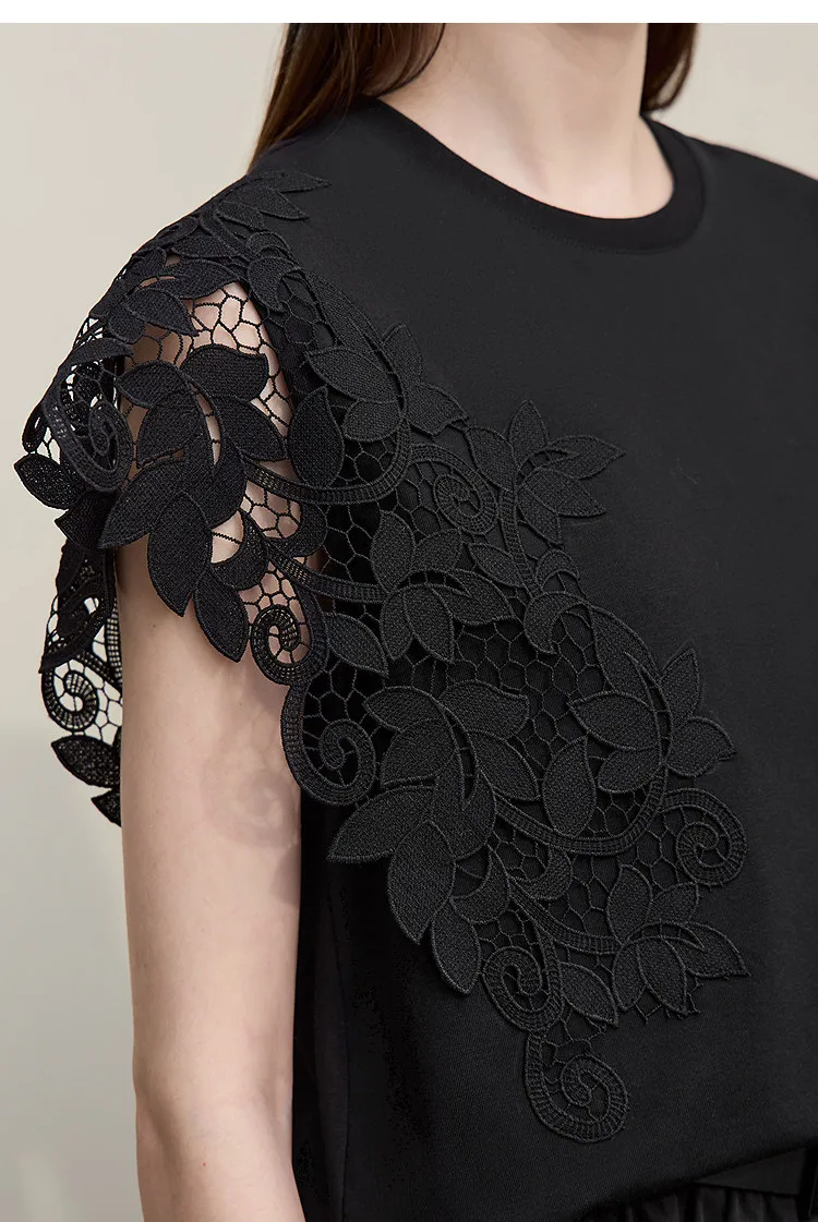 Amii T-shirt 2026 Summer New O-Neck Moisture-Wicking Cotton Tee Asymmetric Lace Loose Short Sleeve T-shirts For Women 12642026