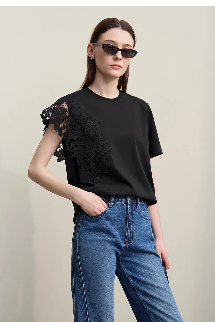 Amii T-shirt 2026 Summer New O-Neck Moisture-Wicking Cotton Tee Asymmetric Lace Loose Short Sleeve T-shirts For Women 12642026
