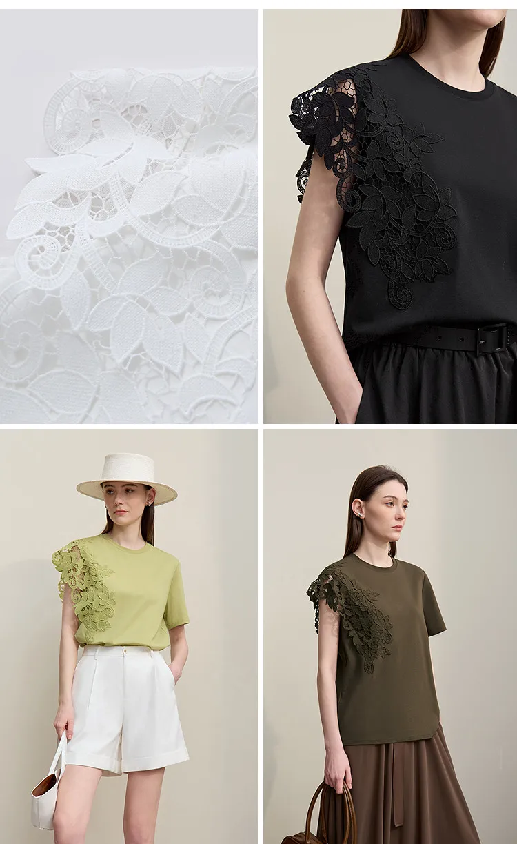 Amii T-shirt 2026 Summer New O-Neck Moisture-Wicking Cotton Tee Asymmetric Lace Loose Short Sleeve T-shirts For Women 12642026