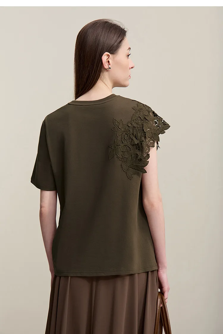 Amii T-shirt 2026 Summer New O-Neck Moisture-Wicking Cotton Tee Asymmetric Lace Loose Short Sleeve T-shirts For Women 12642026