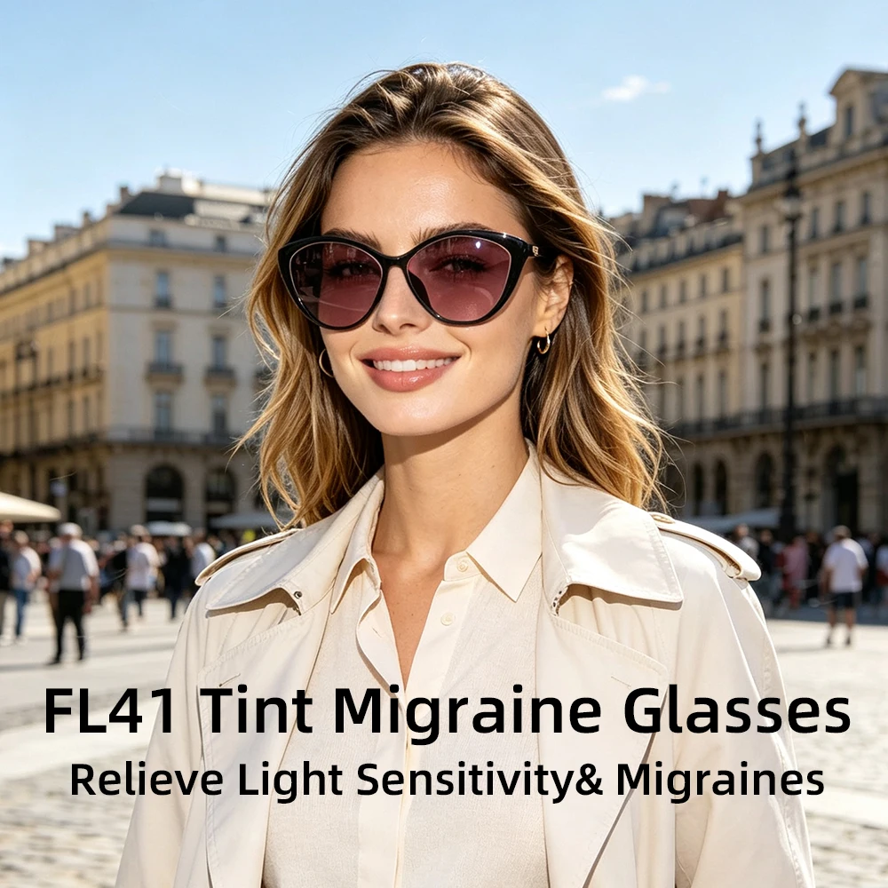 SHINU FL-41 Migraine Glasses FL41 Tinted Glasses Block 480-520nm Blue Green Light Anti Photophobia Tint Color Sunglasses Women