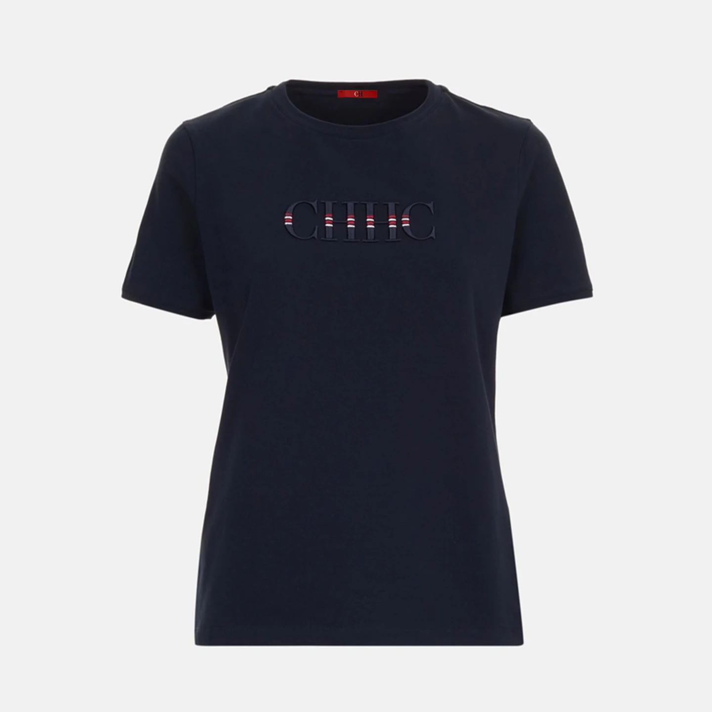 CH Women Navy Blue T-Shirt Letter Embroidery Striped Detail Short Sleeve Crew Neck Casual Cotton Tee Daily Wear Office Top