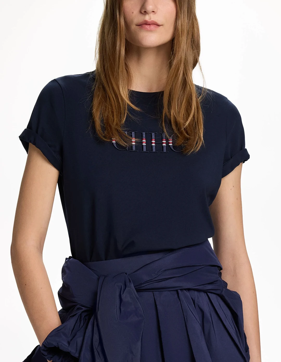 CH Women Navy Blue T-Shirt Letter Embroidery Striped Detail Short Sleeve Crew Neck Casual Cotton Tee Daily Wear Office Top