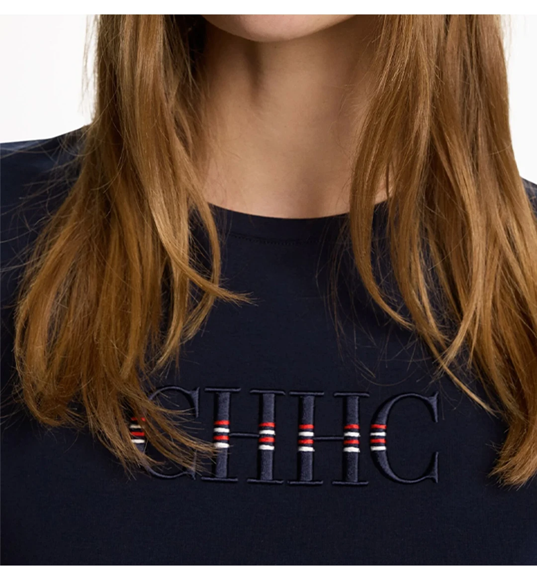 CH Women Navy Blue T-Shirt Letter Embroidery Striped Detail Short Sleeve Crew Neck Casual Cotton Tee Daily Wear Office Top