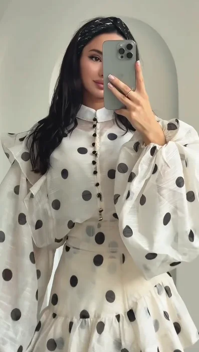 Polka Dot Maxi Dress Stand Collar Puff Sleeves See Through Ruffle Chic Vacation Party for Women