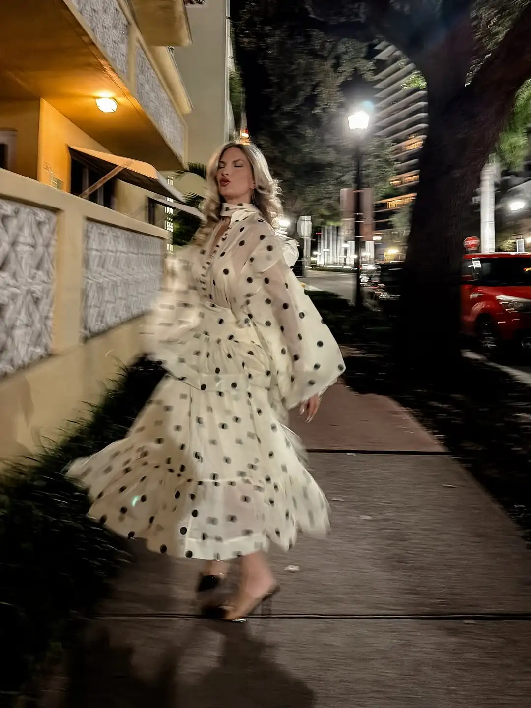 Polka Dot Maxi Dress Stand Collar Puff Sleeves See Through Ruffle Chic Vacation Party for Women