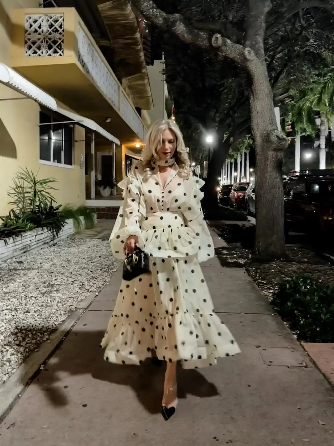 Polka Dot Maxi Dress Stand Collar Puff Sleeves See Through Ruffle Chic Vacation Party for Women